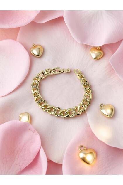 Gold Color Zircon Stone Thick Cuban Link Steel Bracelet - Tarnish Resistant - 20cm