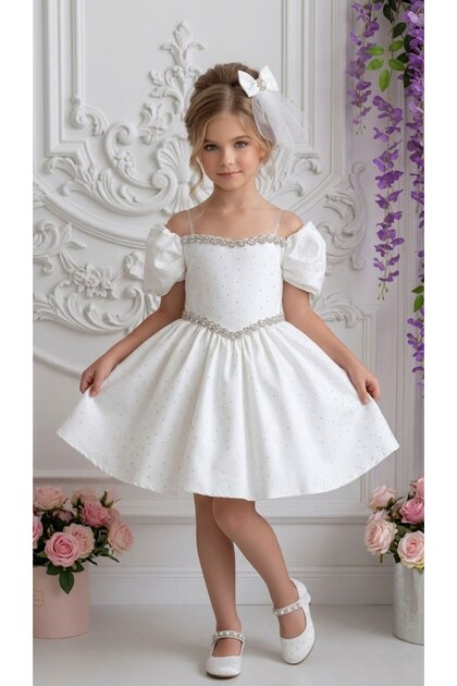 Stone-Embellished Pearl Girls' Dress