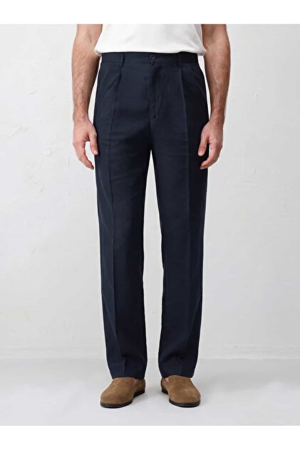 Lacivert Çift Pileli Baggy Keten Pantolon SS7245