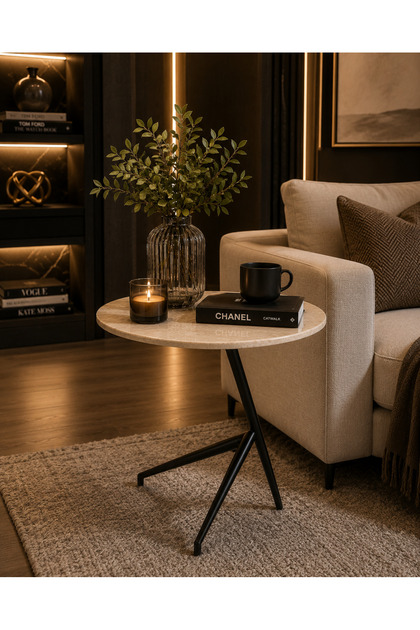 Luxurious Marble Surface Sturdy Metal Frame Side Table Coffee Table with a Stylish Modern Design That Suits Various Decor Styles Dimensions: Diameter 50 Cm, Height 65 Cm, Base Width 39 Cm.