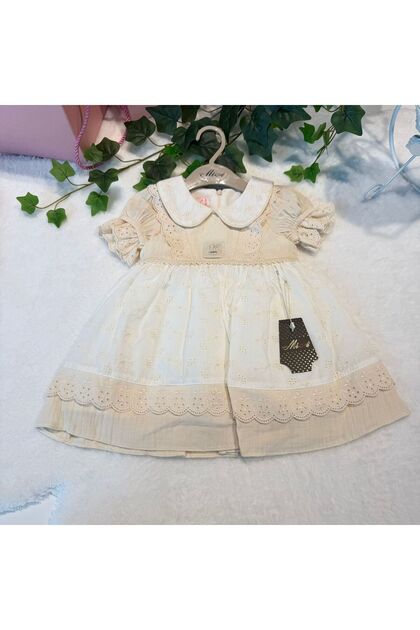 Girl's Embroidered and Brodeered Dress and Headband - 100% Cotton - Ecru
