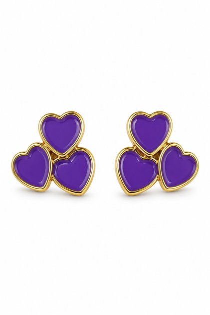 Women's Steel Yellow Plated Purple Enamel Triple Heart Earrings