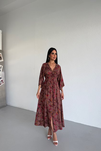 Kruvaze Yaka Çiçek Desenli Elbise