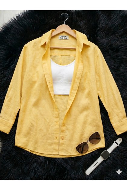 Women's Oversize Cut Woven Linen Long Sleeve Yellow Shirt 100% Cotton
