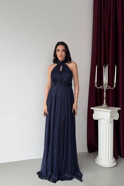 Navy Blue Halter Neck Long Evening Dress with Waist Detail