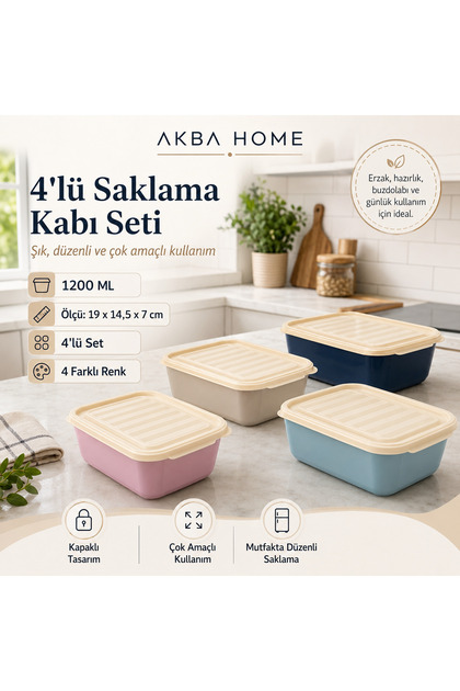 AKBA HOME 4'lü Saklama Kabı Seti 1200 ML Kapaklı Plastik Erzak ve