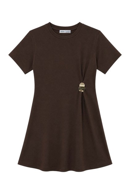 1012 Women's Modal Crew Neck Draped Mini Dress with Gold Buckle Detail Brown