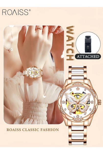 Women's Mechanical Watch with Ceramic Strap Round Dial Hollow Butterfly Pattern Rhinestone Decoration Waterproof Luminous Analog Wristwatch Gift for Ladies