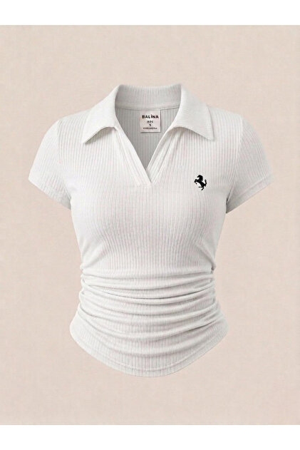Beyaz Polo Yaka Fitilli Premium Bluz