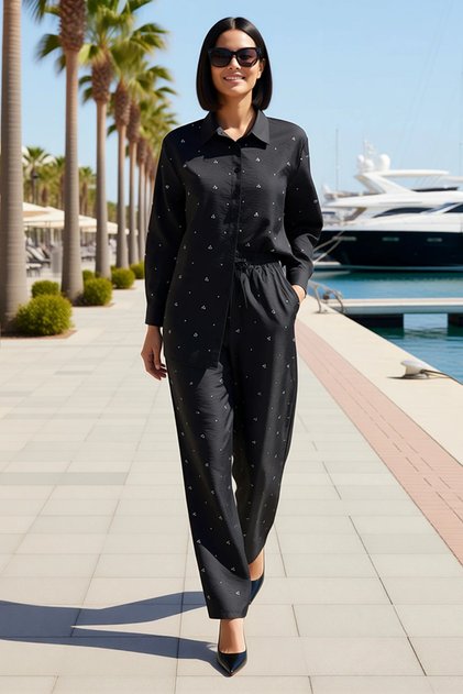 Women's Plus Size Pearl Detailed Shirt Collar Long Sleeve Wide Leg Poplin Suit Adjustable Waist Comfortable