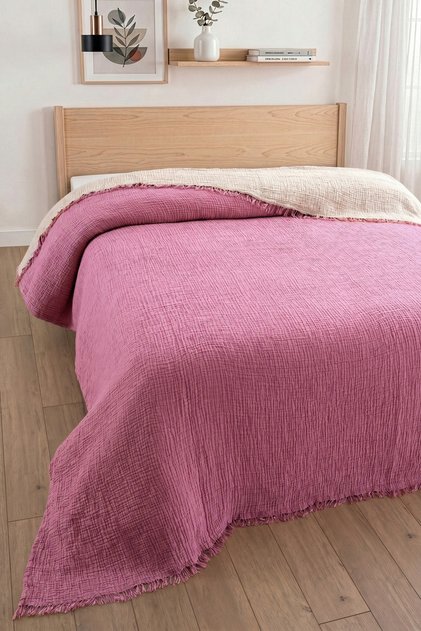 4 Layer Muslin Bedspread - 100% Cotton, King Size, Double-Sided Muslin Pique - 240X260 cm - Fuchsia