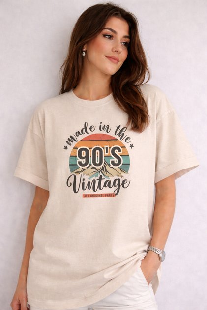 Beige 90's Printed Oversize Tshirt