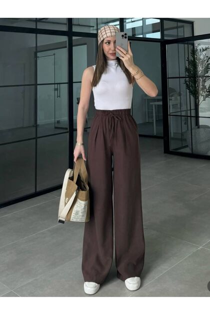 Women's Brown High Waist Elastic Tencel Trousers with Pockets