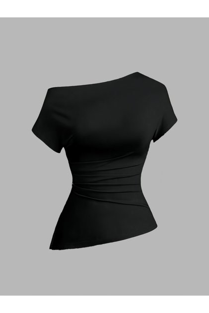 Black Asymmetric Neck Fitted Top
