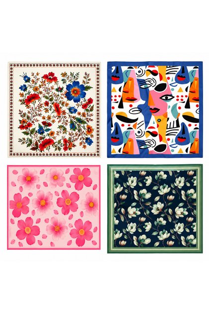 Set de 4 eșarfe pentru femei, alb artistic, albastru, roz, verde