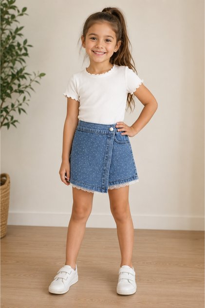Girls' Skirt with Floral Details, Denim Shorts Skirt