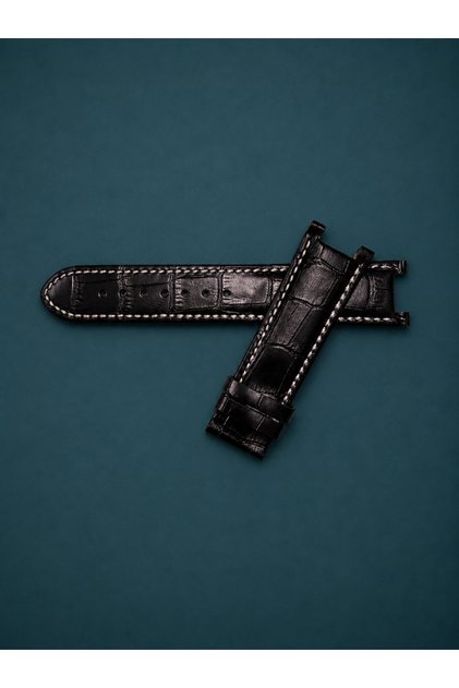 22mm / 20mm Black Genuine Watch Band Gc Compatible Crocodile Patterned White Stitched Premium Strap