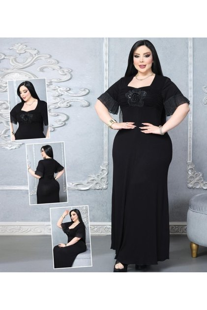 Plus Size Square Neck Floral Detailed Black Long Dress