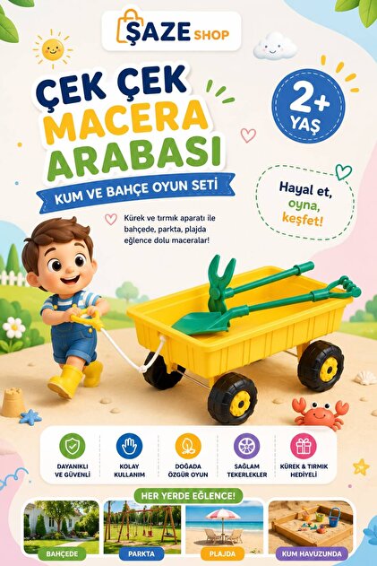 Çek Çek Macera Arabası Kum ve Bahçe Oyun Seti – Tekerlekli Oyuncak Taşıma Arabası, Kürek ve Tırmık Aksesuarlı,