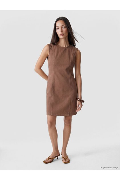 Özmarka New Season Brown Crew Neck Mini Jean Dress