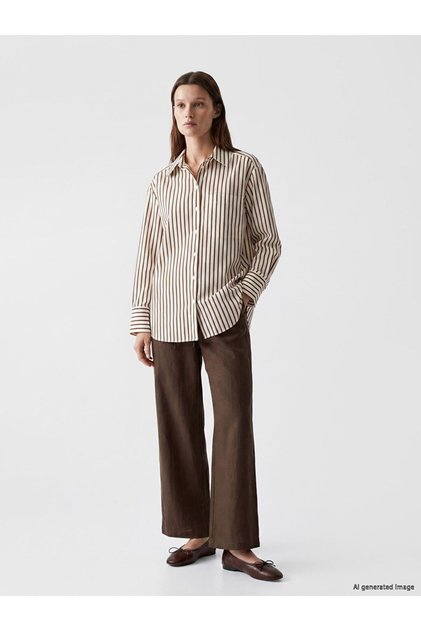 Lcw Modest Brown Women's 100% Linen Trousers with Elastic Waist