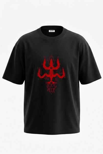 Shiva Trishula Design Back Printed Cotton Black Oversize T-Shirt