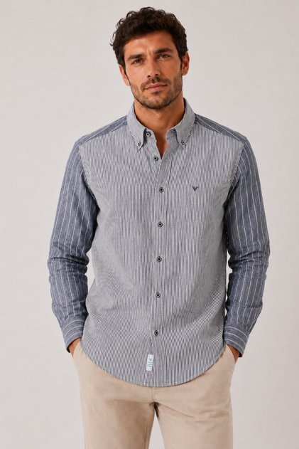Slim Fit Long Sleeve Double Pattern Lapel Buttoned Linen Lycra Pocketless Gift Boxed Men's Shirt Fs-004578