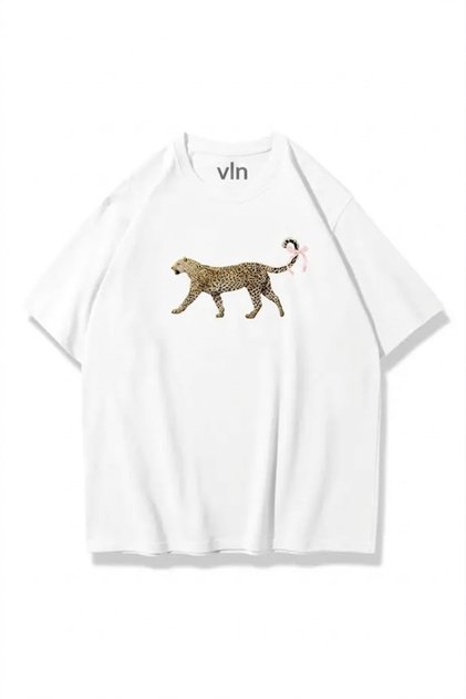 Women's Leopard Ribbon Tail White Oversize T-Shirt