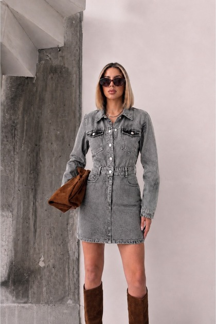 Kar Black Denim Short Dress with Leather Back Belt