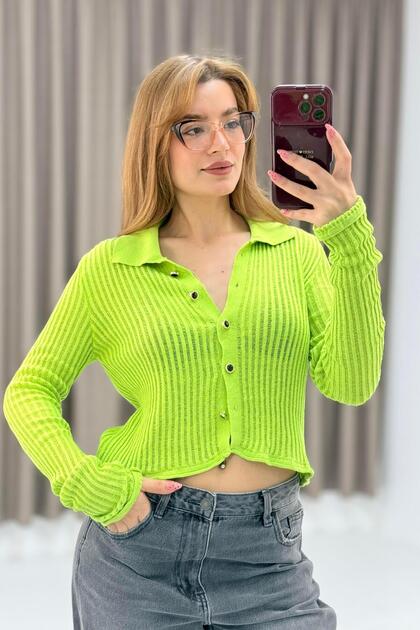 Polo Neck Summer Knitwear Cardigan Green