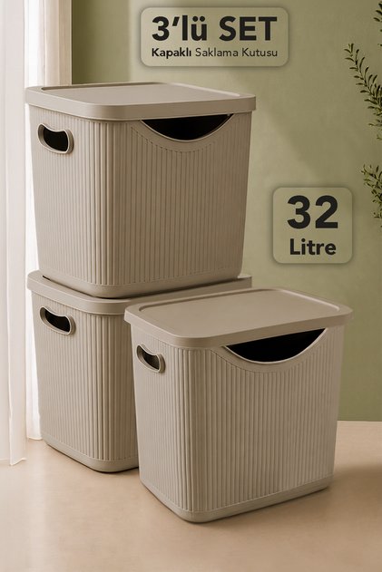 3'lü Çok Amaçlı Saklama Kutusu - Dekoratif Dolap İçi Düzenleyici Banyo Mutfak Organizeri 32Lt Bej