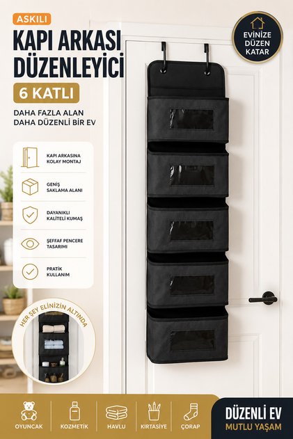 6 Katlı Kapı Arkası Düzenleyici Organizer – Çok Amaçlı Asılabilir Depolama Çantası – Oyuncak, Kozmetik, Banyo ve Bebek Ürünleri İçin