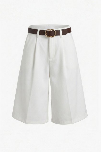 Pleated City Boy Belted Fabric Shorts - White