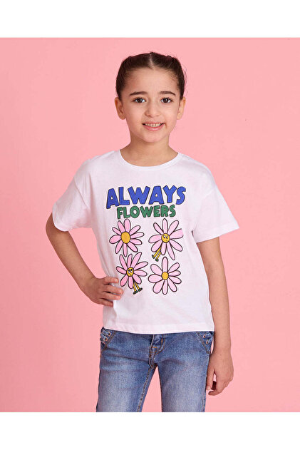 Girls White Printed T-shirt