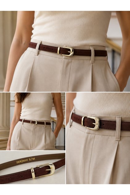 Thin Bitter Coffee Suede Women's Belt with Gold Buckle, Curved Body and Stylish Elegant Design, Belt for Pants, Jeans, Dress, Jacket and Shirt.