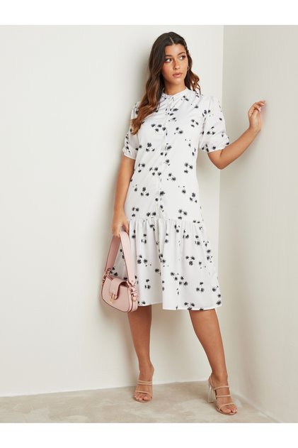 Drop Waist Printed A-Line Midi Dress with Button Closure