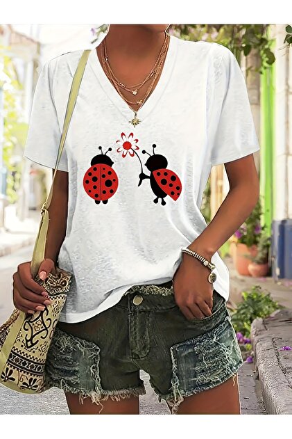 Women's Ladybug Printed V-Neck Sleeved Regular Fit Comfortable T-Shirt