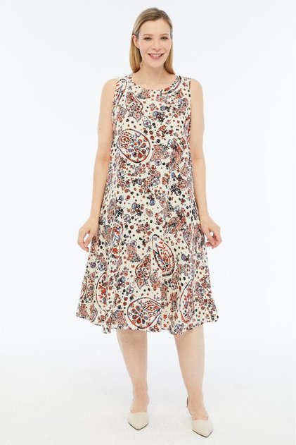 Fashion | Plus Size Pomegranate Flower Patterned Summer Dress | 100% Viscose | Flowing | Daily Comfortable | M