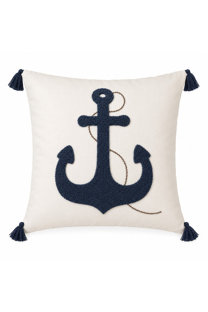 Taffeta Embroidered Throw Pillow Cover Navy Blue Anchor Pattern Decorative Pillow Case with Tassels