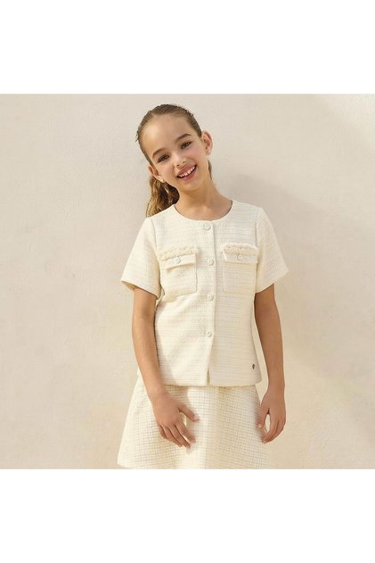Round Neck Short Sleeves Shirt with Ruffle Detail