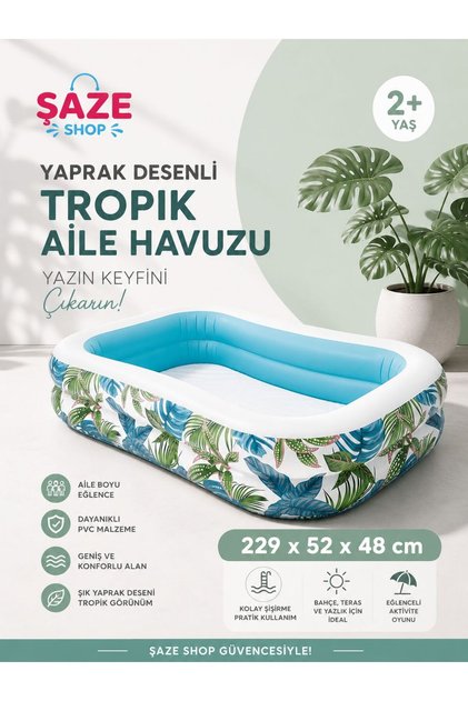 Leaf Patterned Tropical Inflatable Family Pool 229X52X48 cm 2+ Years Old Large Garden Pool Children's Activity Pool Durable Pvc