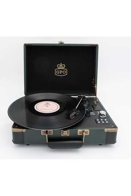 Ambassador Bluetooth Record Player, Retro Vinyl Turntable with Speakers (Green/Black)