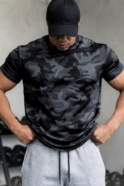 Erkek Nem Emici Hızlı Kuruma Atletik Teknik Kamuflaj Desenli Spor T-shirt