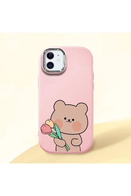 iPhone 11 Compatible Case with Camera Protection Pink Silicone Couple Phone Case with Teddy Bear Pattern