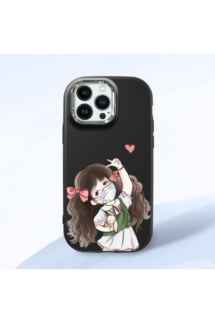 iPhone 13 Pro Max Compatible Case Camera Protector Black Silicone Couple Phone Case Girl Patterned