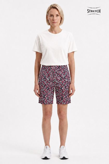 Women's Rosetta Regular Waist, Long Length, Elastic, Pocketed, Floral Printed, Stretchy Combed Cotton Shorts Fuchsia