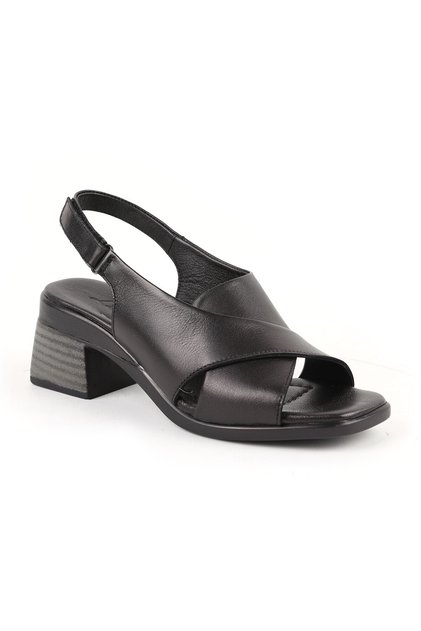 Women's Sandals Cross Wide Strap Sling-Back Thick Medium Heel Leather L078.12101