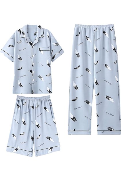 Men Pajama Set Short Sleeve Sleep Pants Loungewear Sets Printed Style with Pockets Lapel Stretch Elastic Waistband Pants Fit for Both Men & Women Home Daily Leisure Activities Go Out Wear 3 PCS