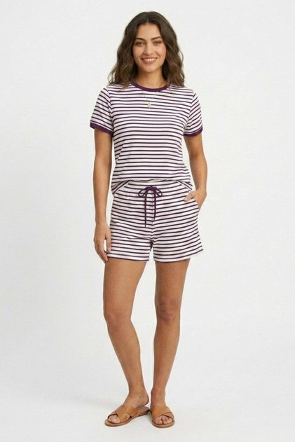Women's Striped Oysho T-Shirt and Shorts Set-Striped Purple