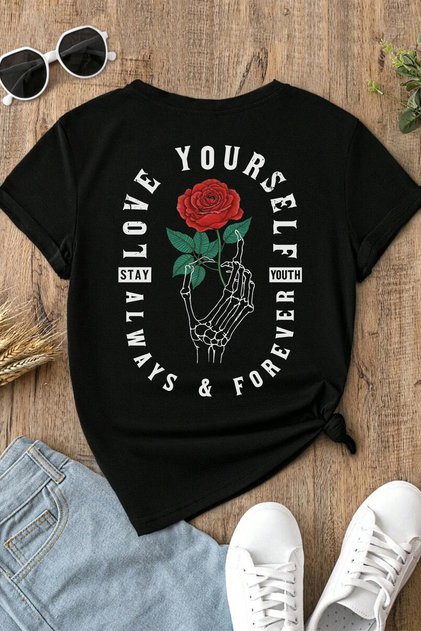Forever Rose Designed 100% Cotton Half Oversize Black T-Xlhirt
